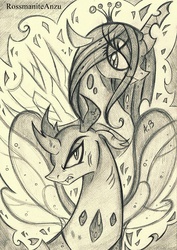 Size: 1621x2290 | Tagged: safe, artist:rossmaniteanzu, pharynx, queen chrysalis, changedling, changeling, g4, duo, female, male, monochrome, mother and son, pencil drawing, prince pharynx, traditional art
