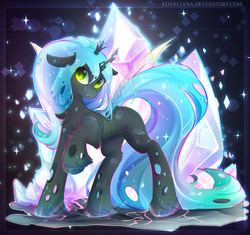 Size: 2307x2167 | Tagged: safe, artist:koveliana, queen chrysalis, changeling, changeling queen, crystal pony, pony, g4, alternate hairstyle, chest fluff, crystal, crystallized, female, high res, looking at you, mare, ponified, ponytail, smiling, solo, species swap