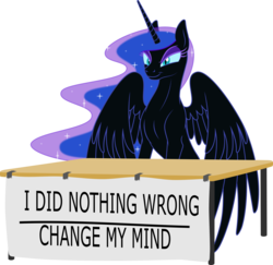 Size: 2337x2272 | Tagged: safe, artist:grypher, derpibooru exclusive, nightmare moon, alicorn, pony, g4, change my mind, ethereal mane, female, high res, hitler did nothing wrong, mare, missing accessory, simple background, sitting, smiling, smirk, solo, starry mane, steven crowder, table, transparent background, vector
