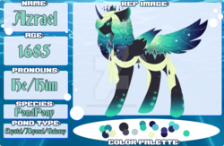 Size: 1023x669 | Tagged: safe, artist:flower-quil, oc, oc only, oc:azrael, alicorn, original species, pond pony, pony, abstract background, alicorn oc, black sclera, closed species, colored wings, curved horn, digital art, glare, gradient hair, gradient mane, gradient wings, horn, lidded eyes, male, reference sheet, sash, solo, stallion, starry mane, starry wings, tail feathers, text