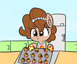 Size: 1444x1198 | Tagged: safe, artist:artiks, oc, oc only, oc:brownie bun, pony, apron, atg 2018, burned, clothes, female, food, mare, muffin, newbie artist training grounds, oven, refrigerator, solo