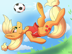 Size: 1024x768 | Tagged: safe, artist:spindlespice, applejack, earth pony, pony, g4, clothes, cloud, female, football, grass, mare, sky, smiling, solo, sports