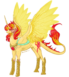 Size: 1000x1123 | Tagged: safe, artist:basiliskfree, sunset shimmer, alicorn, equestria girls, g4, alicornified, burn, curved horn, female, horn, leonine tail, peytral, princess, race swap, shimmercorn, simple background, solo, transparent wings, white background, wing claws
