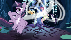 Size: 1280x720 | Tagged: safe, screencap, mean applejack, mean fluttershy, mean pinkie pie, mean rainbow dash, mean rarity, mean twilight sparkle, tree of harmony, alicorn, pony, g4, the mean 6, clone, clone six, evil rainbow dash, female, mean six, wings