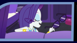 Size: 1280x720 | Tagged: safe, screencap, rarity, driving miss shimmer, equestria girls, equestria girls series, g4, driving miss shimmer: rarity, eyes closed, eyeshadow, female, geode of shielding, limousine, magical geodes, makeup, solo, sunglasses
