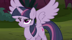 Size: 1280x720 | Tagged: safe, screencap, mean twilight sparkle, alicorn, pony, g4, the mean 6, clone, everfree forest, female, mare, smug, spread wings, wings