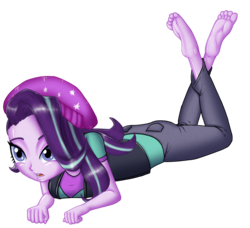 Size: 2454x2240 | Tagged: safe, artist:artemis-polara, starlight glimmer, equestria girls, equestria girls specials, g4, my little pony equestria girls: mirror magic, barefoot, beanie, breasts, clothes, commission, feet, female, hat, high res, lying down, shirt, simple background, solo, transparent background, vest