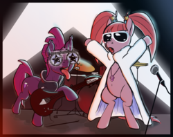 Size: 1280x1015 | Tagged: safe, artist:4th, derpibooru exclusive, fizzlepop berrytwist, pacific glow, tempest shadow, earth pony, pony, g4, clothes, coat, drums, female, glasses, guitar, mare, microphone, musical instrument, pink coat, stage, sunglasses, tongue out