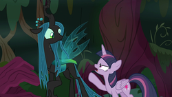 Size: 1280x720 | Tagged: safe, screencap, mean twilight sparkle, queen chrysalis, alicorn, changeling, changeling queen, pony, g4, the mean 6, clone, disrespectful, everfree forest, female