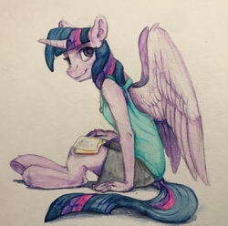 Size: 1280x1268 | Tagged: safe, artist:silfoe, twilight sparkle, alicorn, anthro, unguligrade anthro, g4, book, clothes, female, horn, looking at you, shirt, shorts, solo, traditional art, twilight sparkle (alicorn), underhoof, wings