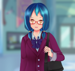 Size: 1037x982 | Tagged: safe, artist:electricshine, indigo zap, equestria girls, g4, alternate hairstyle, clothes, crystal prep academy uniform, female, glasses, looking at you, pigtails, school uniform, shoulder bag, solo
