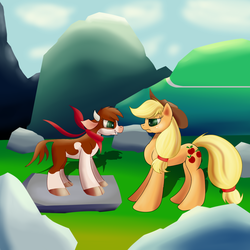Size: 1500x1500 | Tagged: safe, artist:huffy26, applejack, arizona (tfh), cow, earth pony, pony, them's fightin' herds, g4, atg 2018, bandana, cloven hooves, community related, cowboy hat, duo, female, hat, mare, newbie artist training grounds