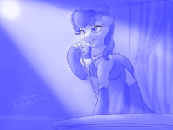 Size: 1024x768 | Tagged: safe, artist:novaintellus, sapphire shores, earth pony, pony, g4, clothes, dress, female, hat, mare, monochrome, newbie artist training grounds, open mouth, signature, singing, solo
