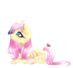 Size: 1024x951 | Tagged: safe, artist:luulyh, fluttershy, butterfly, pegasus, pony, g4, cute, female, lying down, mare, shyabetes, simple background, solo, transparent background