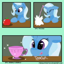 Size: 2000x2000 | Tagged: safe, artist:freshlypositive, trixie, pony, unicorn, g4, apple, comic, cup, eyes closed, female, floppy ears, food, high res, hooves, horn, lineless, magic, mare, open mouth, solo, teacup, teeth, that pony sure does love teacups
