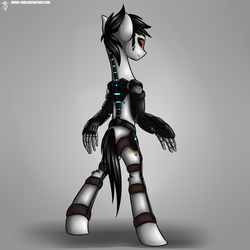 Size: 3500x3500 | Tagged: safe, artist:shido-tara, artist:shidotara, oc, oc only, cyborg, bionic arm, bipedal, gray, gray background, hand, high res, male, red eyes, simple background, solo, watching in camera