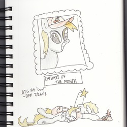 Size: 2000x2000 | Tagged: safe, artist:deluxeflame, derpy hooves, g4, atg 2018, award, beaten up, high res, lying down, mailpony, newbie artist training grounds, on fire, traditional art