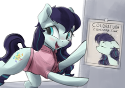 Size: 3600x2550 | Tagged: safe, artist:vanillaghosties, coloratura, earth pony, pony, g4, atg 2018, clothes, female, high res, mare, newbie artist training grounds, open mouth, poster, rara, rarabetes, shirt, smiling, solo