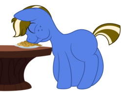 Size: 3750x2813 | Tagged: safe, artist:worstsousaphonehorse, oc, oc only, oc:fudge cookie, earth pony, pony, belly, bhm, big belly, chubby cheeks, cookie, double chin, eating, eyes closed, fat, food, freckles, high res, impossibly large belly, male, simple background, stuffed, table, transparent background