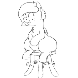 Size: 2816x2816 | Tagged: safe, artist:worstsousaphonehorse, oc, oc only, oc:sweeter mocha, pegasus, pony, alternate hairstyle, chest fluff, chubby, eyes closed, fat, female, freckles, furniture abuse, high res, lineart, missing cutie mark, property damage, simple background, sitting, sketch, smiling, stool, white background, wide hips