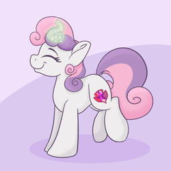 Size: 2000x2000 | Tagged: safe, artist:binkyt11, derpibooru exclusive, sweetie belle, pony, unicorn, g4, atg 2018, balancing, cutie mark, dock, eyes closed, female, filly, high res, magic, newbie artist training grounds, solo, sweetie belle's magic brings a great big smile, the cmc's cutie marks