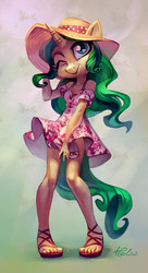 Size: 1653x3031 | Tagged: safe, artist:holivi, oc, oc only, unicorn, anthro, plantigrade anthro, g4, clothes, commission, cottagecore, dress, feet, female, hat, legs, looking at you, mare, one eye closed, sandals, solo, wink