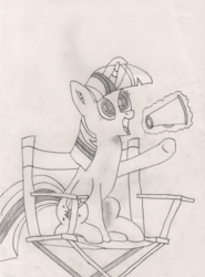 Size: 2441x3305 | Tagged: safe, artist:krafty kitsune, twilight sparkle, alicorn, pony, g4, atg 2018, chair, director, director's chair, glowing horn, high res, horn, megaphone, newbie artist training grounds, traditional art, twilight sparkle (alicorn)