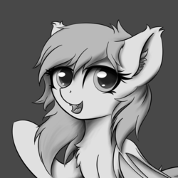 Size: 1500x1500 | Tagged: safe, artist:konyjay, artist:krash42, oc, oc only, bat pony, pony, bat pony oc, black and white, female, grayscale, looking at you, mare, monochrome, open mouth, raised hoof, simple background, solo