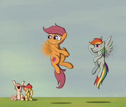 Size: 4217x3600 | Tagged: safe, artist:theravencriss, apple bloom, rainbow dash, scootaloo, sweetie belle, pony, g4, atg 2018, crying, cutie mark crusaders, female, filly, flying, high res, mare, newbie artist training grounds, scootaloo can fly, smiling, tears of joy