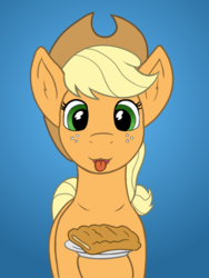 Size: 751x1000 | Tagged: safe, artist:redquoz, applejack, earth pony, pony, g4, apple fritter (food), atg 2018, cowboy hat, desert, female, food, freckles, hat, looking at you, mare, newbie artist training grounds, smiling, solo, stetson