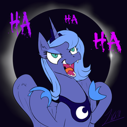 Size: 1500x1500 | Tagged: safe, artist:zoarvek, princess luna, alicorn, pony, g4, atg 2018, evil laugh, fangs, female, laughing, mare, newbie artist training grounds, nightmare luna, open mouth, s1 luna, smiling, solo