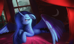 Size: 4000x2350 | Tagged: safe, artist:auroriia, pinkie pie, princess luna, alicorn, pony, g4, :<, alternate hairstyle, bed, bedroom, curved horn, cute, drapes, female, floppy ears, horn, large wings, lidded eyes, looking away, lunabetes, mare, missing accessory, one eye closed, prone, redraw, silhouette, solo focus, spread wings, tired, window, wings, wink