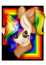 Size: 997x1399 | Tagged: safe, artist:absolitedisaster08, oc, oc only, oc:inky bright, pony, unicorn, black sclera, bow, bust, female, hair bow, mare, portrait, solo