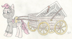 Size: 1896x1032 | Tagged: safe, artist:perplexedpegasus, pinkie pie, earth pony, pony, g4, atg 2018, cart, clothes, female, goal, goal post, mare, newbie artist training grounds, solo, traditional art, wagon