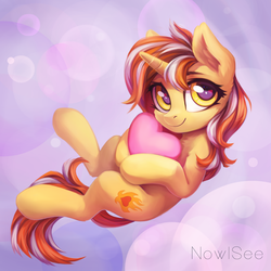 Size: 2000x2000 | Tagged: safe, artist:inowiseei, oc, oc only, oc:cinderheart, pony, unicorn, abstract background, chest fluff, commission, cute, cutie mark, demi-god, female, golden eyes, heart, heart eyes, hug, mare, ocbetes, pillow, smiling, solo, wingding eyes