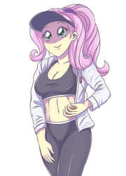 Size: 2338x3248 | Tagged: safe, artist:sumin6301, fluttershy, equestria girls, g4, adorasexy, alternate hairstyle, belly button, clothes, cute, earbuds, female, high res, hoodie, midriff, ponytail, sexy, shyabetes, simple background, smiling, solo, sports bra, white background