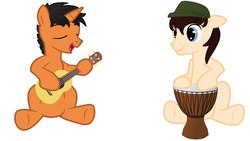 Size: 1920x1080 | Tagged: safe, artist:king-franchesco, oc, oc only, oc:king franchesco, earth pony, pony, unicorn, drums, eyes closed, guitar, hat, hooves, horn, male, musical instrument, open mouth, simple background, singing, sitting, stallion, watermark, white background