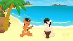 Size: 1920x1080 | Tagged: safe, artist:king-franchesco, oc, oc only, oc:king franchesco, earth pony, pony, unicorn, beach, drums, eyes closed, guitar, hat, hooves, horn, male, musical instrument, ocean, open mouth, palm tree, rock, singing, sitting, stallion, tree