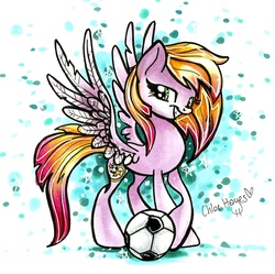 Size: 1171x1166 | Tagged: safe, artist:frostykat13, oc, oc only, oc:all star, pegasus, pony, female, football, mare, smiling, sports