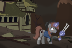 Size: 4000x2667 | Tagged: safe, artist:steampunk-brony, oc, oc only, oc:steamy, pony, unicorn, fallout equestria, bandage, clothes, glowing horn, gun, hat, high res, hooves, horn, jumpsuit, levitation, magic, male, ruins, shotgun, solo, stallion, telekinesis, vault suit, vector, wasteland, weapon