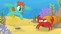 Size: 1024x576 | Tagged: safe, artist:king-franchesco, oc, oc only, oc:luara brezze, crab, pegasus, pony, female, mare, rock, smiling, spread wings, wings