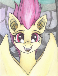 Size: 672x881 | Tagged: safe, artist:astevenamedwolf, fluttershy, bat pony, pony, g4, cute, female, flutterbat, looking at you, open mouth, race swap, shyabates, shyabetes, smiling, solo, traditional art
