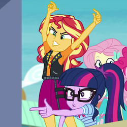 Size: 904x904 | Tagged: safe, screencap, fluttershy, pinkie pie, sci-twi, sunset shimmer, twilight sparkle, equestria girls, equestria girls specials, g4, my little pony equestria girls: better together, my little pony equestria girls: rollercoaster of friendship, cropped, faic, female, finger gun, offscreen character