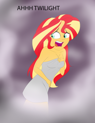 Size: 2550x3300 | Tagged: safe, artist:diaperednight, sunset shimmer, human, equestria girls, g4, breasts, busty sunset shimmer, covering, dialogue, embarrassed, female, high res, implied twilight sparkle, naked towel, nudity, open mouth, screaming, shower, solo, steam, towel