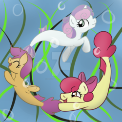 Size: 1024x1024 | Tagged: safe, artist:koharuveddette, apple bloom, scootaloo, sweetie belle, seapony (g4), g4, surf and/or turf, bubble, cutie mark crusaders, deviantart watermark, obtrusive watermark, open mouth, ribbon, sea-mcs, seaponified, seapony apple bloom, seapony scootaloo, seapony sweetie belle, smiling, species swap, swimming, underwater, water, watermark