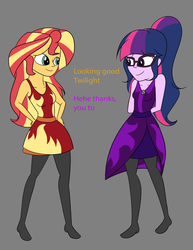 Size: 2550x3300 | Tagged: safe, artist:diaperednight, sci-twi, sunset shimmer, twilight sparkle, human, equestria girls, g4, arm behind back, clothes, dress, duo, female, glasses, high res, pantyhose, ponytail, ship:sci-twishimmer, ship:sunsetsparkle, shipping, simple background, smiling