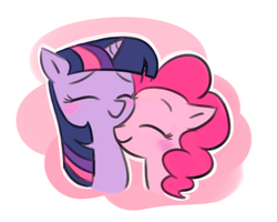 Size: 690x551 | Tagged: safe, anonymous artist, derpibooru exclusive, pinkie pie, twilight sparkle, pony, g4, blushing, cute, eyes closed, female, lesbian, mare, nuzzling, ship:twinkie, shipping, simple background, smiling