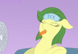 Size: 1300x900 | Tagged: safe, artist:terton, oc, oc only, oc:summer twister, pegasus, pony, atg 2018, couch, eyes closed, fan, female, food, ice pack, mare, newbie artist training grounds, popsicle, sitting, solo, sweat