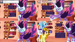 Size: 2564x1444 | Tagged: safe, artist:hakunohamikage, adagio dazzle, rainbow dash, rarity, twilight sparkle, alicorn, earth pony, pegasus, pony, unicorn, ask-princesssparkle, equestria girls, g4, ask, earth pony adagio dazzle, equestria girls ponified, golden oaks library, horn, magic, midnight sparkle, ponified, possessed, tumblr, twilight sparkle (alicorn)