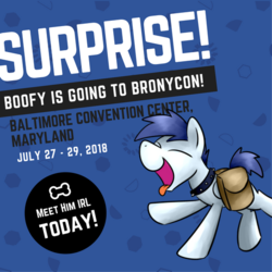 Size: 530x530 | Tagged: safe, artist:sugar morning, oc, oc only, oc:slipstream, pony, bronycon, bronycon 2018, announcement, bag, boof, boofy, boofy is a good boy, collar, poster, solo, spiked collar, walking